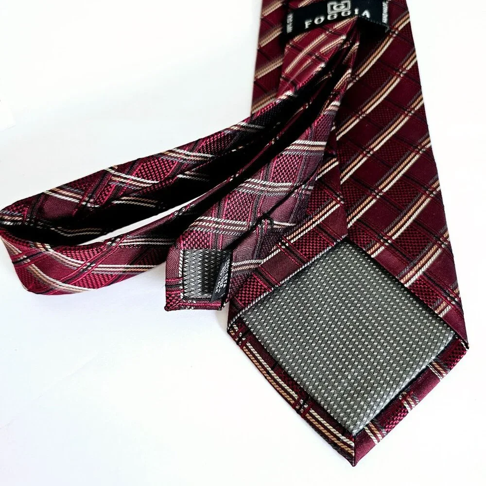 Foggia Handmade Burgundy & Red‎ Plaid Silk Tie~T178.3
